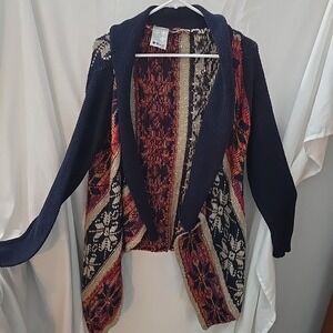 Vocal Boho Floral Snowflake‎ Knit Open Cardigan Sweater Sz M Longer Front Sequin